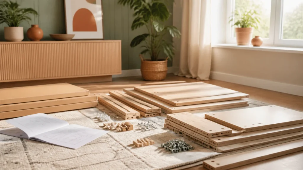 Editorial still life illustrating flat-pack furniture construction: what to check before assembly