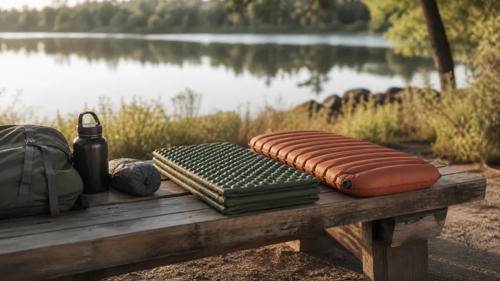 Editorial still life illustrating foam vs inflatable sleeping pads: comfort, packing and care