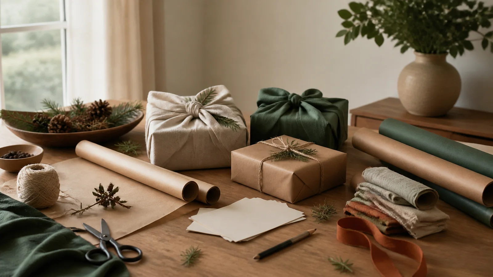 Editorial still life illustrating gift wrapping materials: presentation, reuse and shipping reality