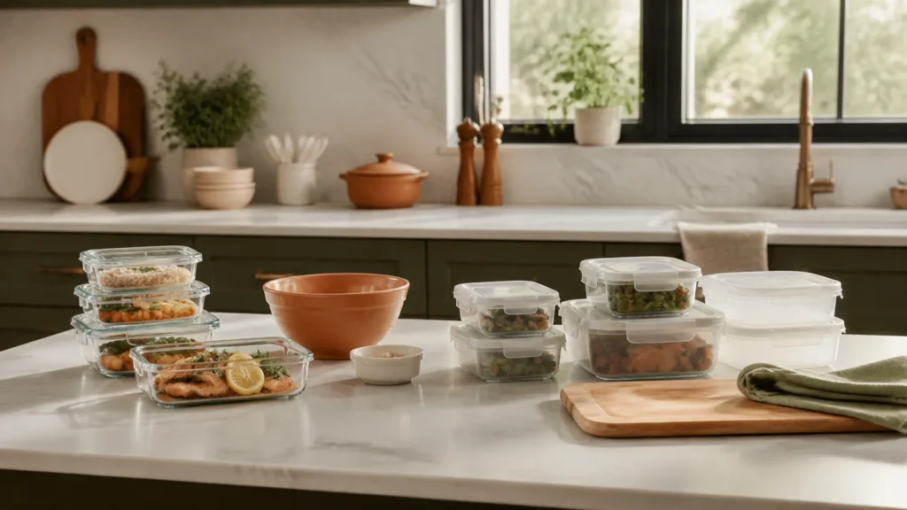 Editorial still life illustrating glass vs plastic food containers: weight, staining and storage