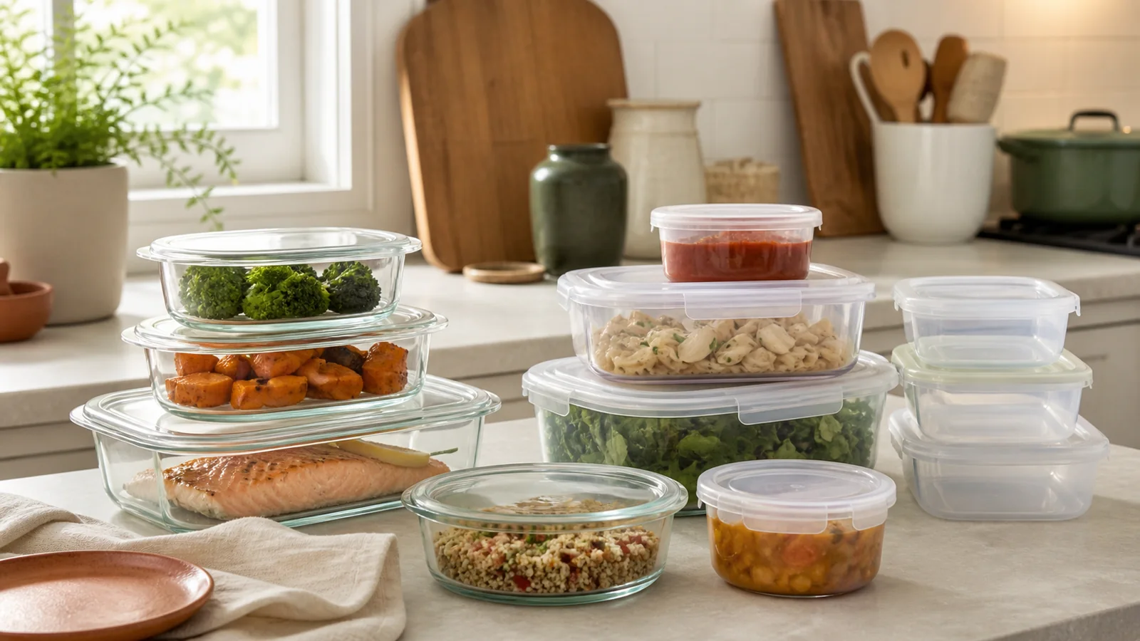 Selection details related to glass vs plastic food containers: weight, staining and storage