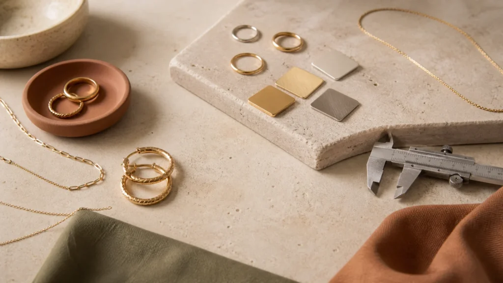Editorial still life illustrating gold-filled, vermeil and plated jewelry explained