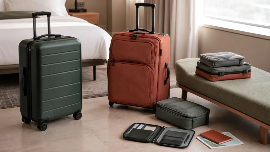 Editorial still life illustrating hard-shell vs soft-sided luggage: protection, flexibility and repair