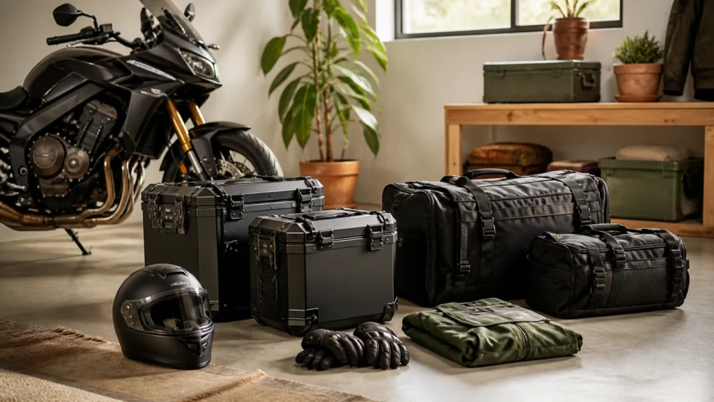 Editorial still life illustrating hard vs soft motorcycle luggage: security, weight and flexibility