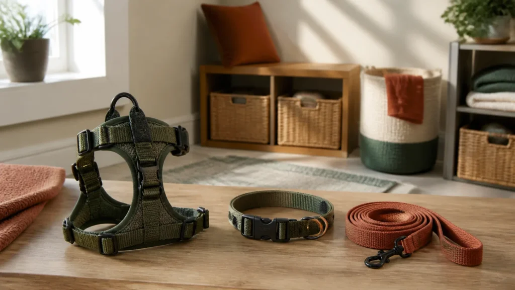 Editorial still life illustrating harness vs collar for everyday walks: fit and handling trade-offs