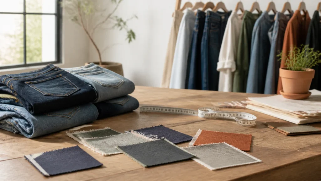 Editorial still life illustrating how to buy jeans online using garment measurements