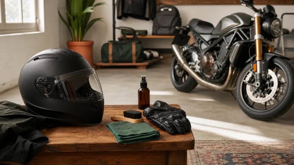 Editorial still life illustrating how to care for a motorcycle helmet without altering it