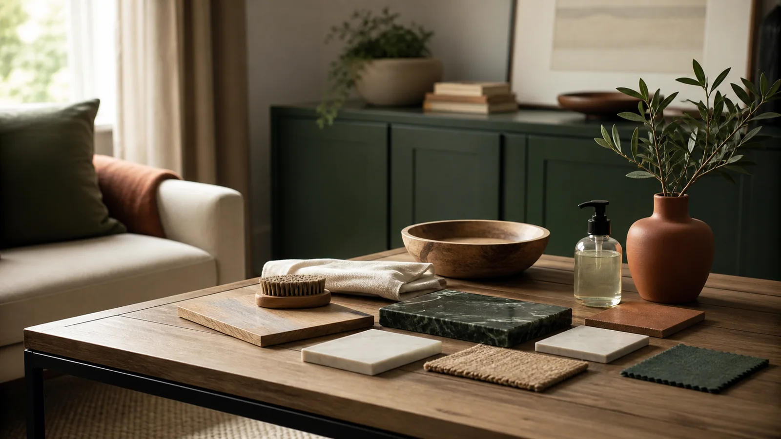 Editorial still life illustrating how to care for mixed-material furniture without guesswork