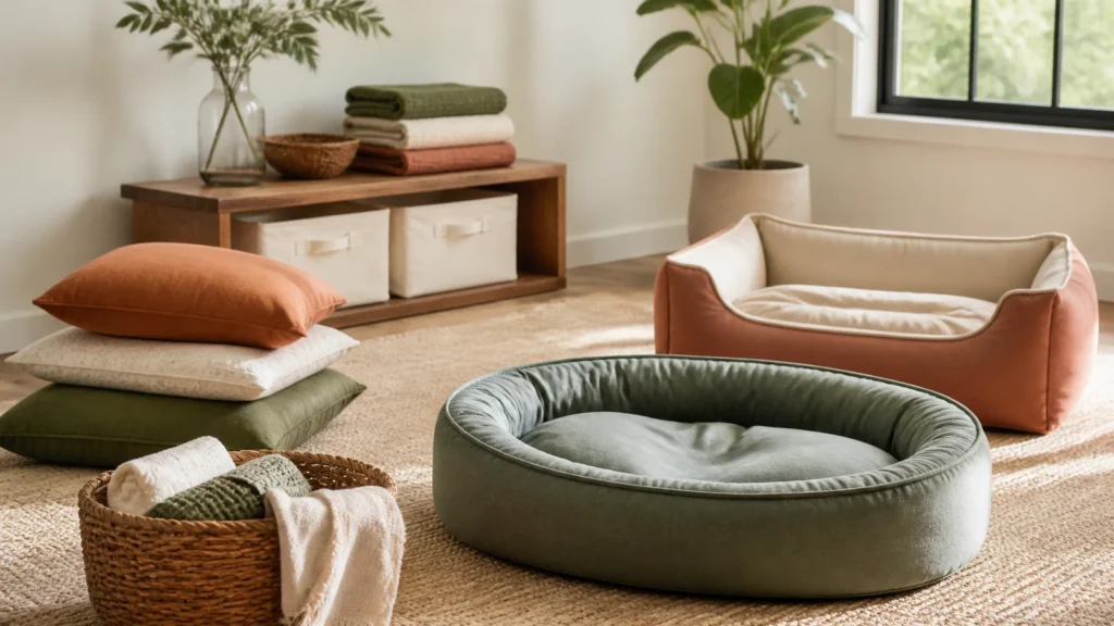 Editorial still life illustrating how to choose a dog bed by size, cover and cleaning routine
