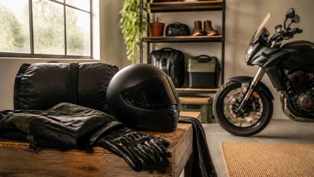Editorial still life illustrating how to choose a dot-compliant motorcycle helmet that fits