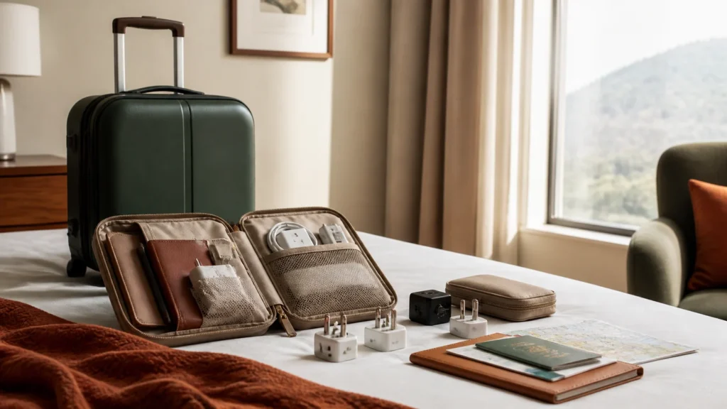 Editorial still life illustrating how to choose a travel adapter for the trip you are taking