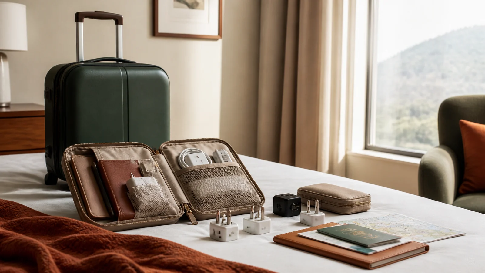 Editorial still life illustrating how to choose a travel adapter for the trip you are taking