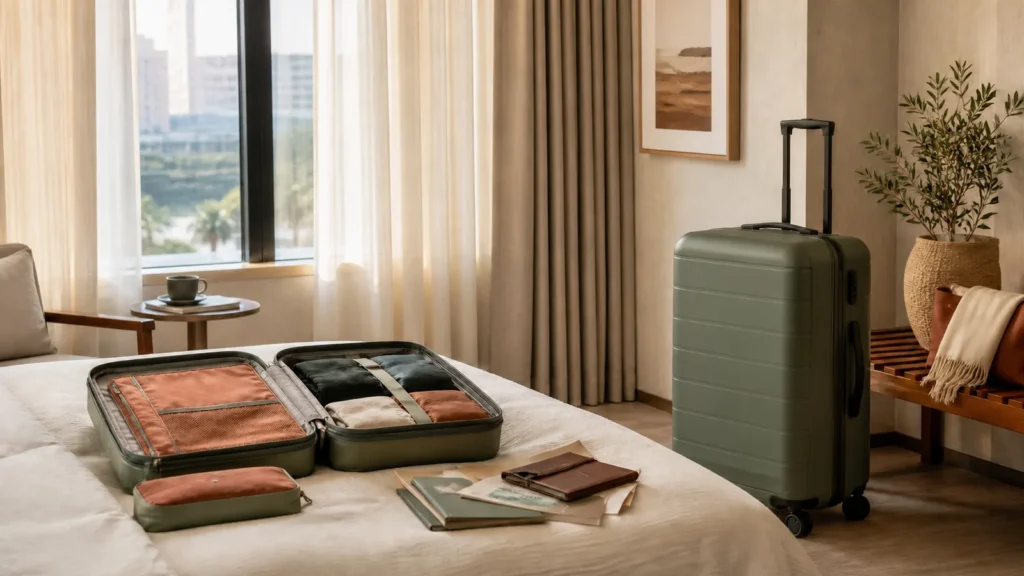 Editorial still life illustrating how to choose carry-on luggage by rules, weight and handling