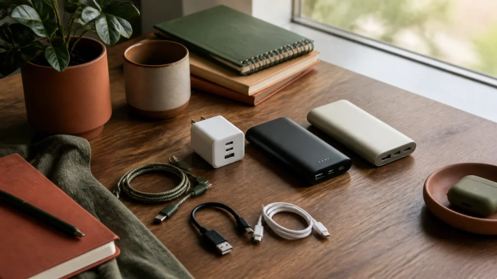 Editorial still life illustrating how to choose chargers and power banks without guessing