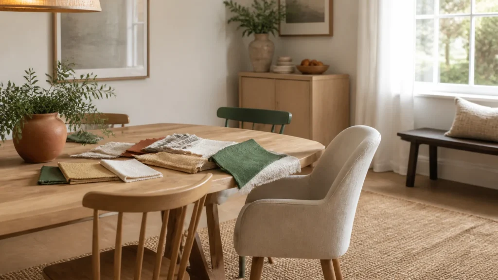 Editorial still life illustrating how to choose dining chairs for fit, comfort and everyday cleaning