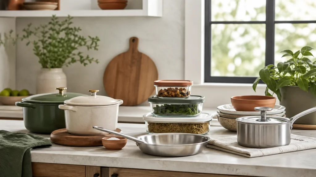Editorial still life illustrating how to choose everyday cookware by material, weight and care