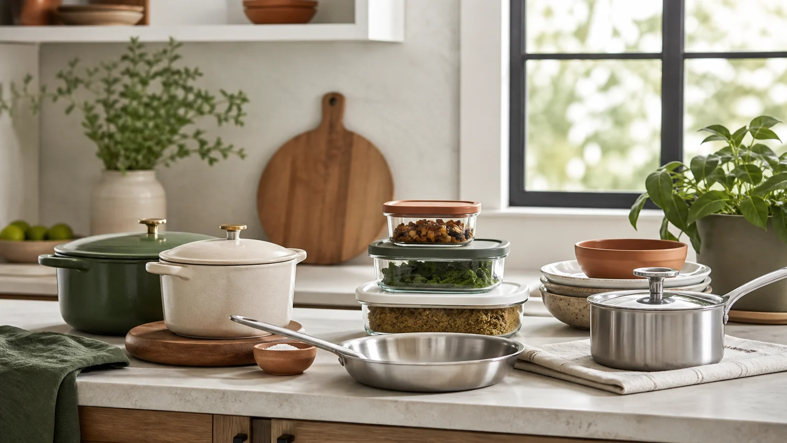 Editorial still life illustrating how to choose everyday cookware by material, weight and care