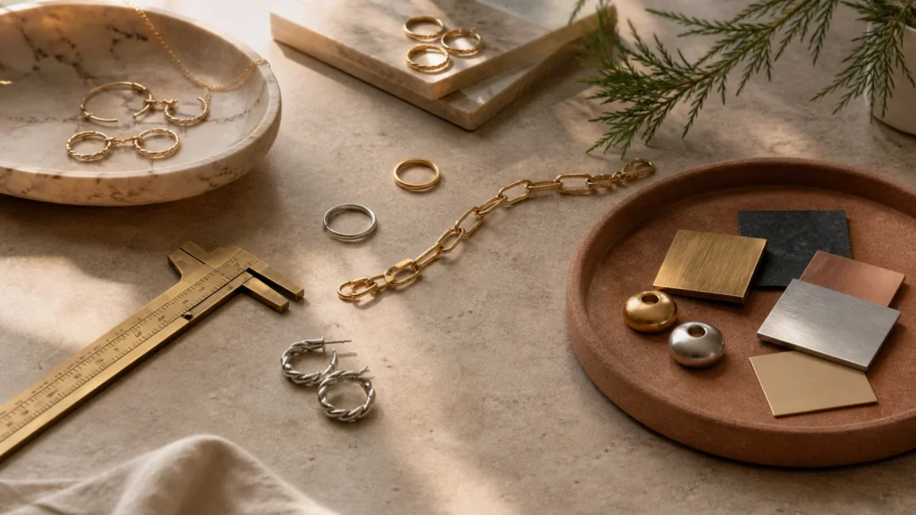 Editorial still life illustrating how to choose everyday jewelry by material, finish and maintenance