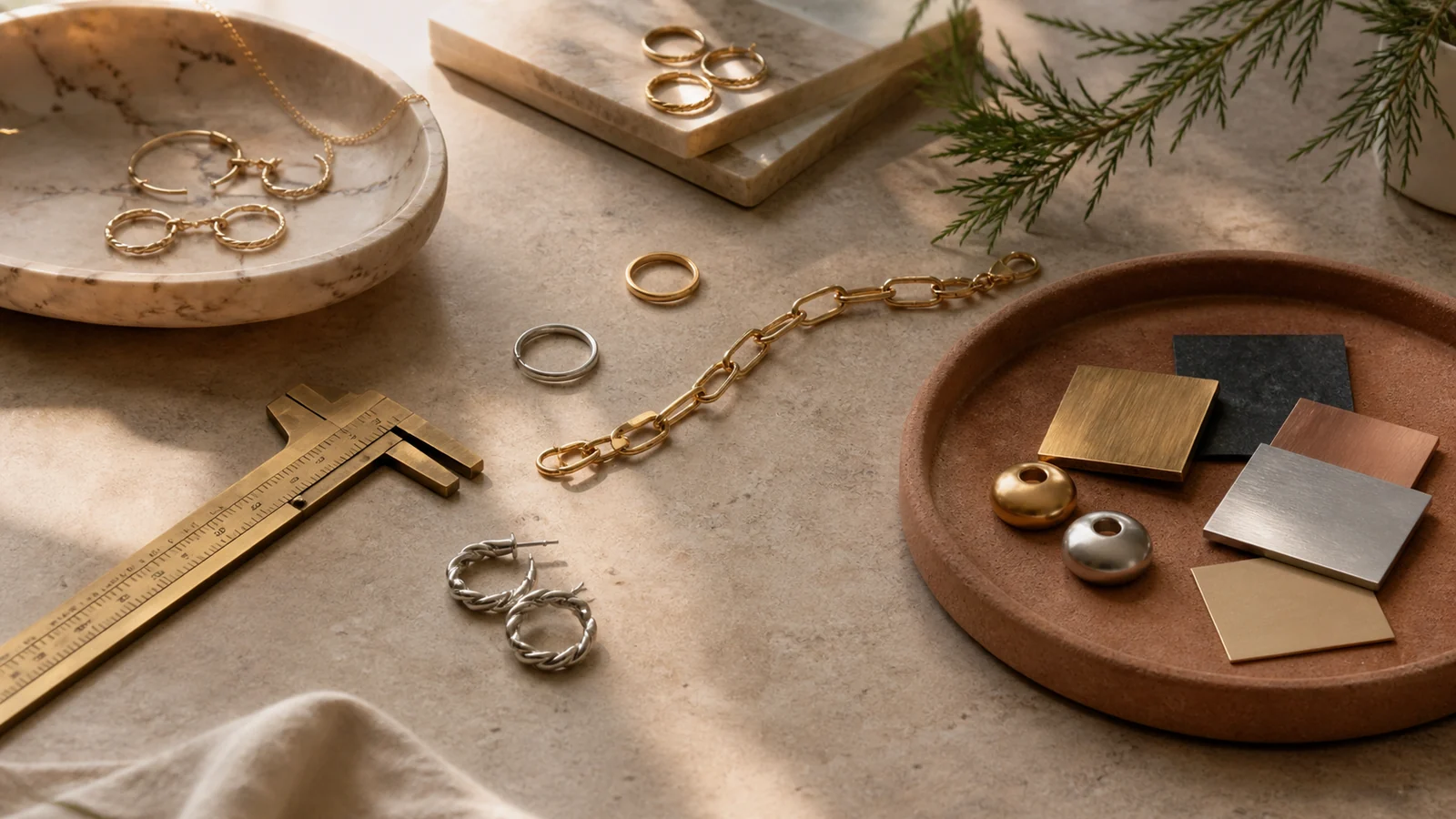 Editorial still life illustrating how to choose everyday jewelry by material, finish and maintenance