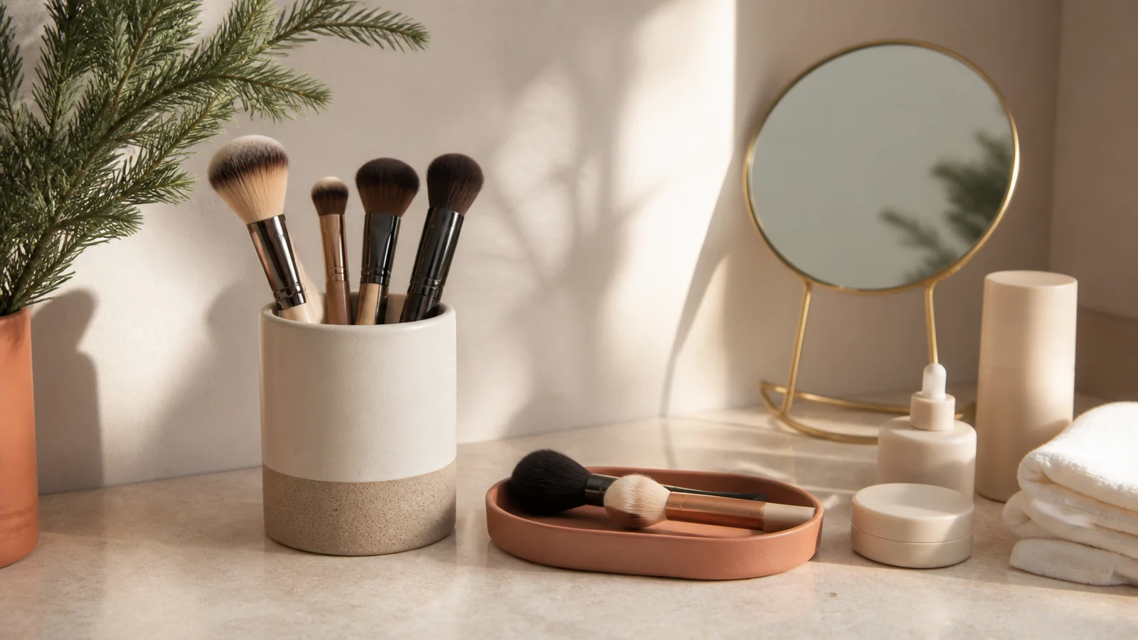 Editorial still life illustrating how to choose makeup brushes by shape, density and care