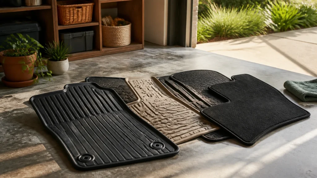Editorial still life illustrating how to choose vehicle floor mats by fit, material and cleaning