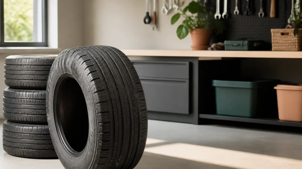 Editorial still life illustrating how to read tire size and vehicle fit information