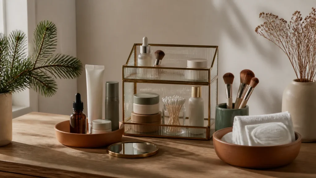 Editorial still life illustrating how to store cosmetics and keep reusable tools clean