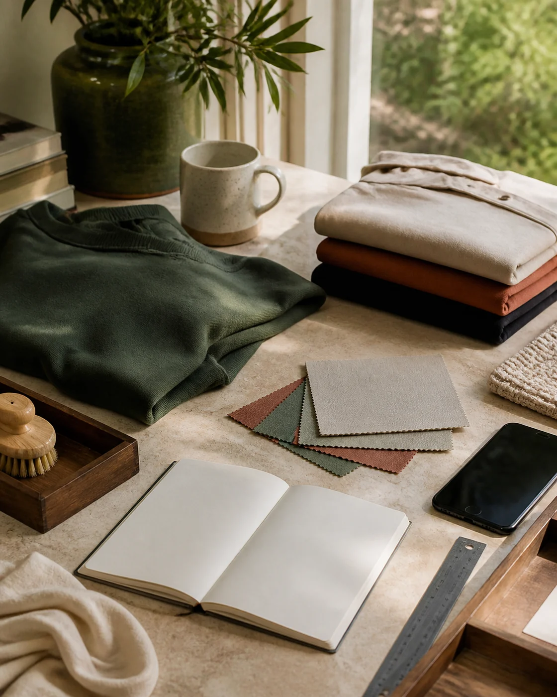 An editor comparing materials and product information at a worktable
