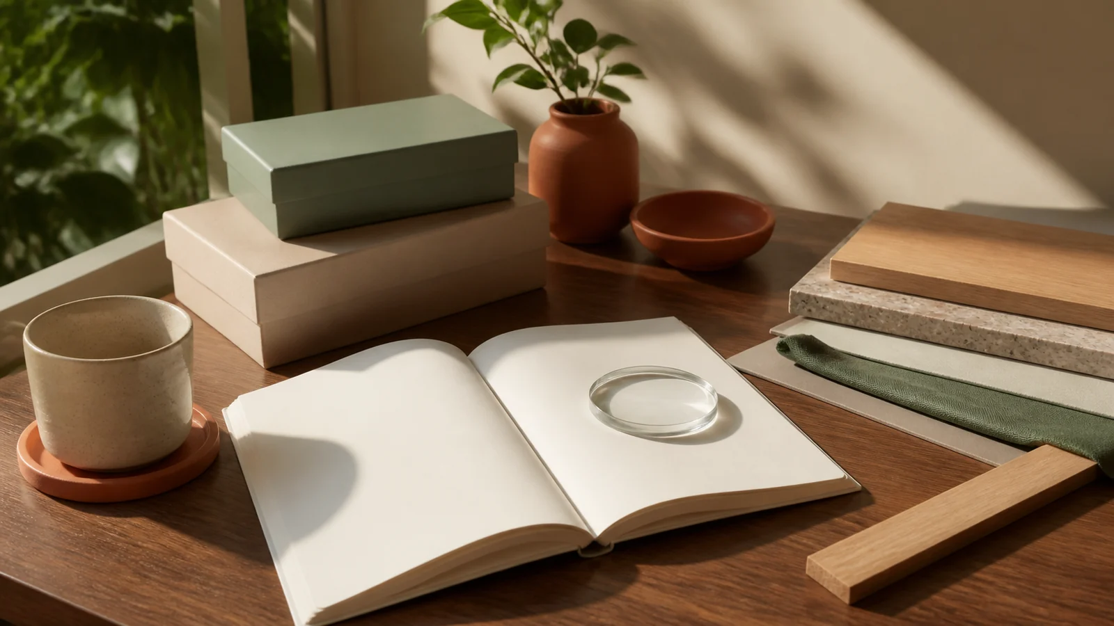 A blank notebook and plain materials on an editorial research desk