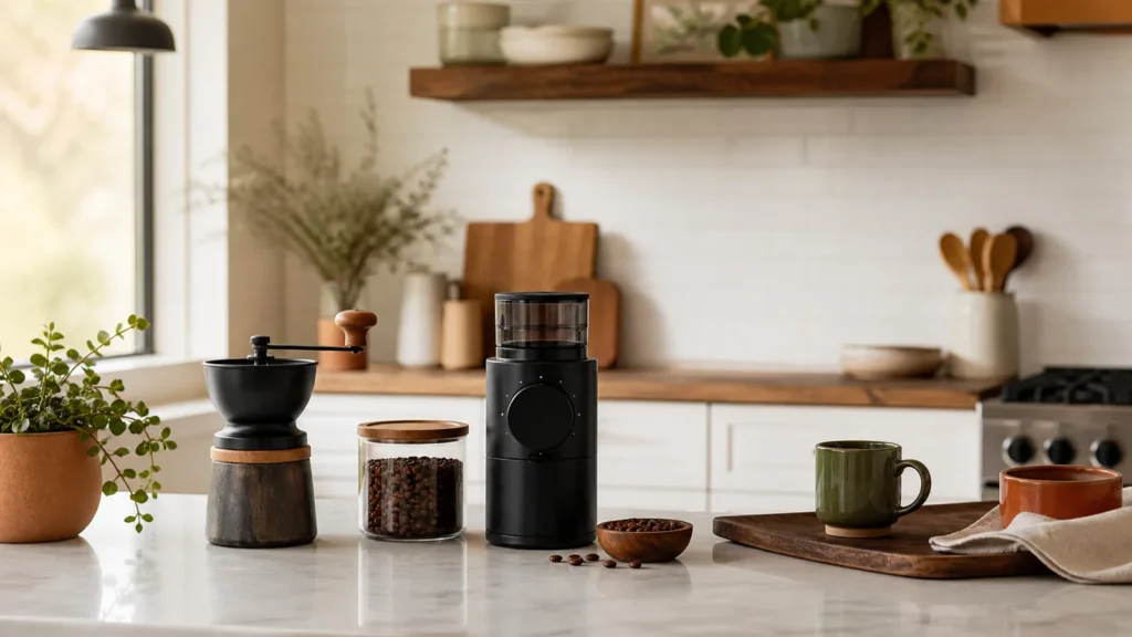 Editorial still life illustrating manual vs electric coffee grinders: control, noise and routine