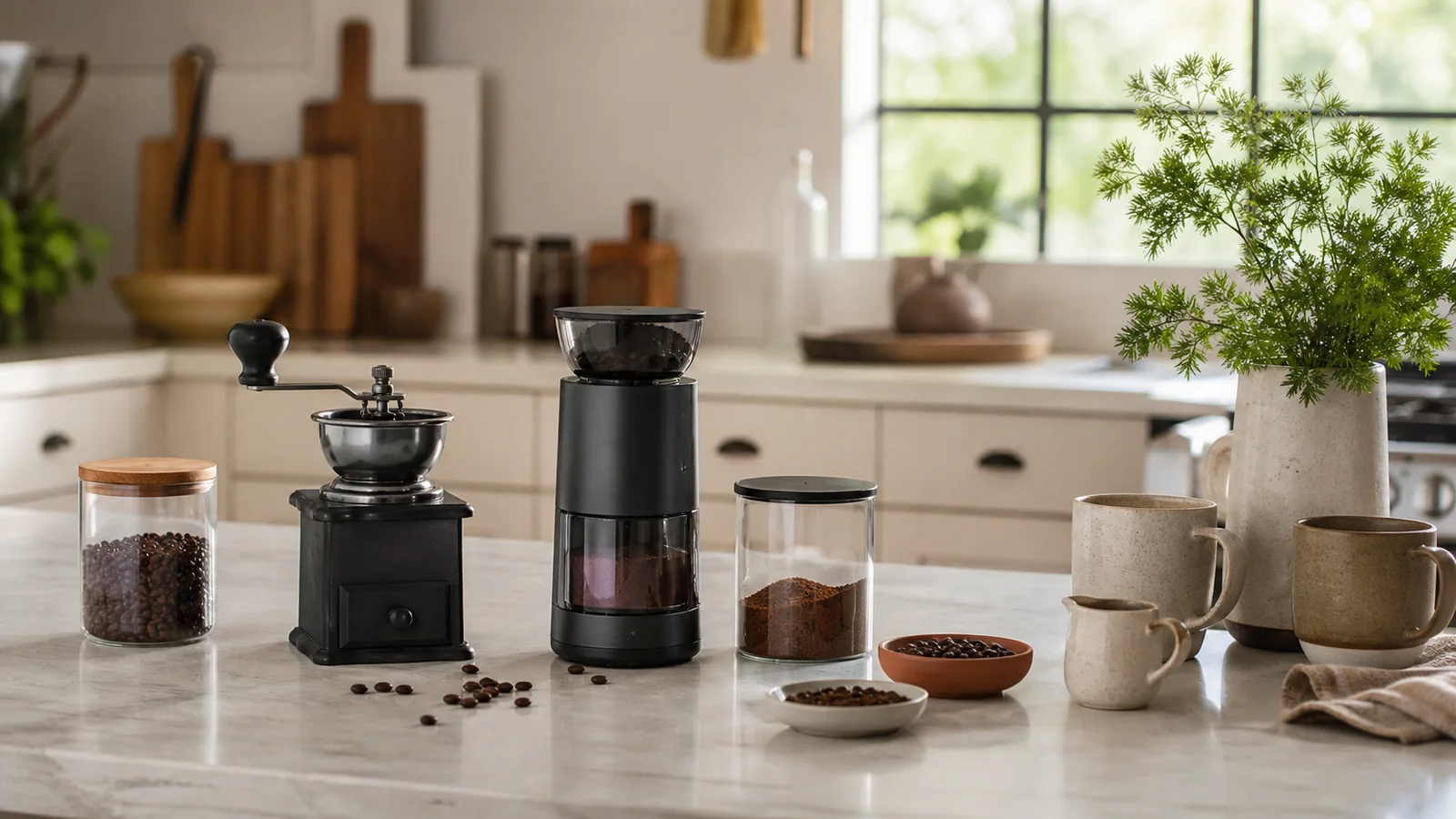 Selection details related to manual vs electric coffee grinders: control, noise and routine