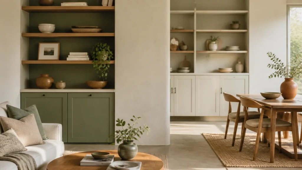 Editorial still life illustrating open shelving vs closed cabinets: access, dust and visual calm