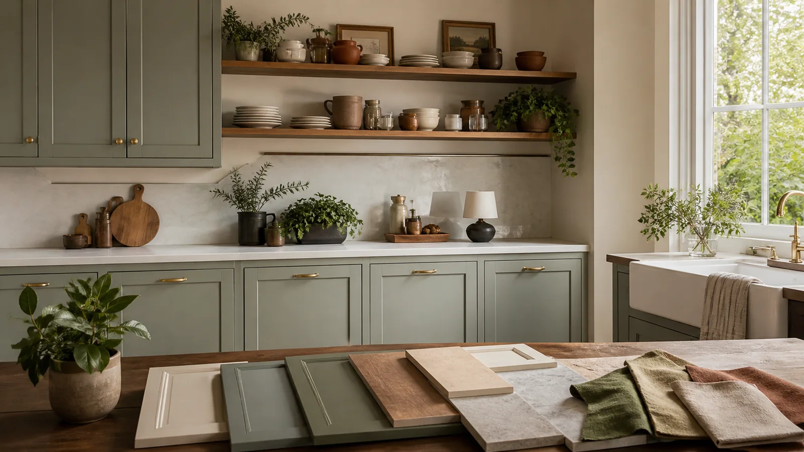 Selection details related to open shelving vs closed cabinets: access, dust and visual calm