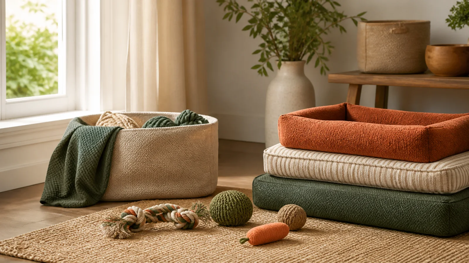 Editorial still life illustrating pet toy materials and construction: questions worth asking