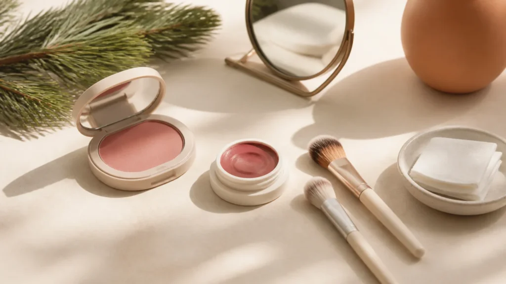 Editorial still life illustrating powder vs cream blush: finish, application and portability
