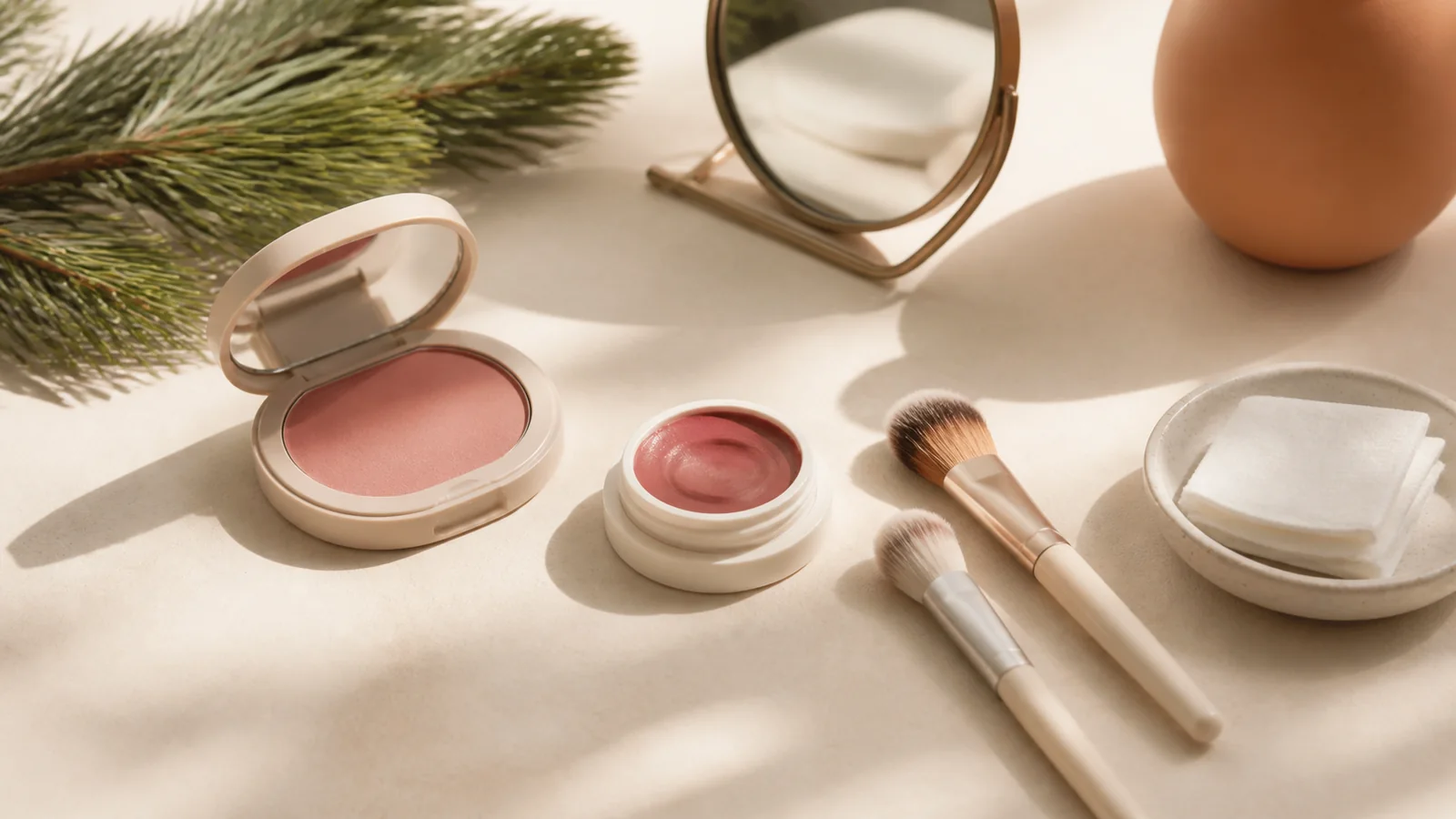 Editorial still life illustrating powder vs cream blush: finish, application and portability