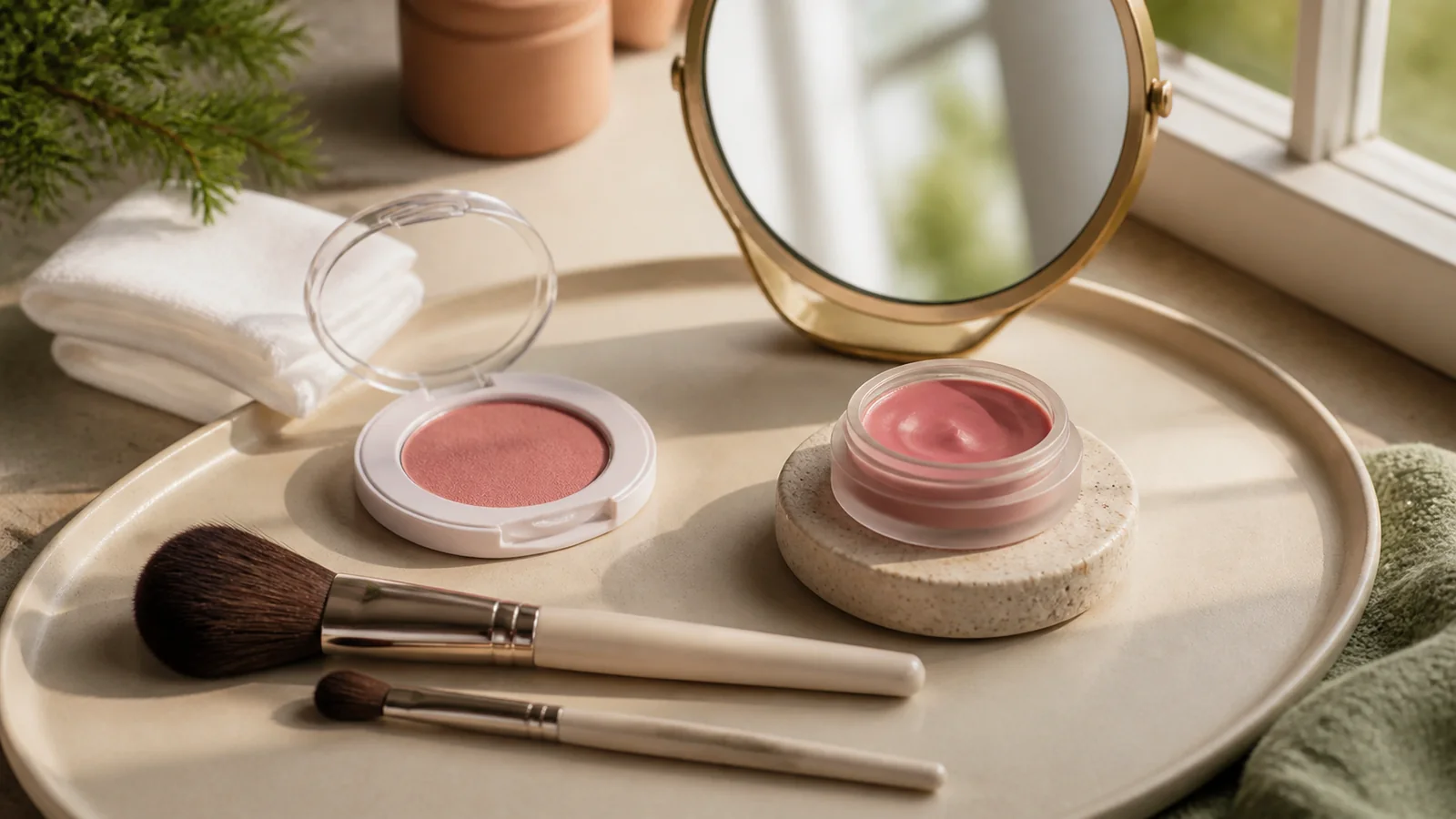 Selection details related to powder vs cream blush: finish, application and portability