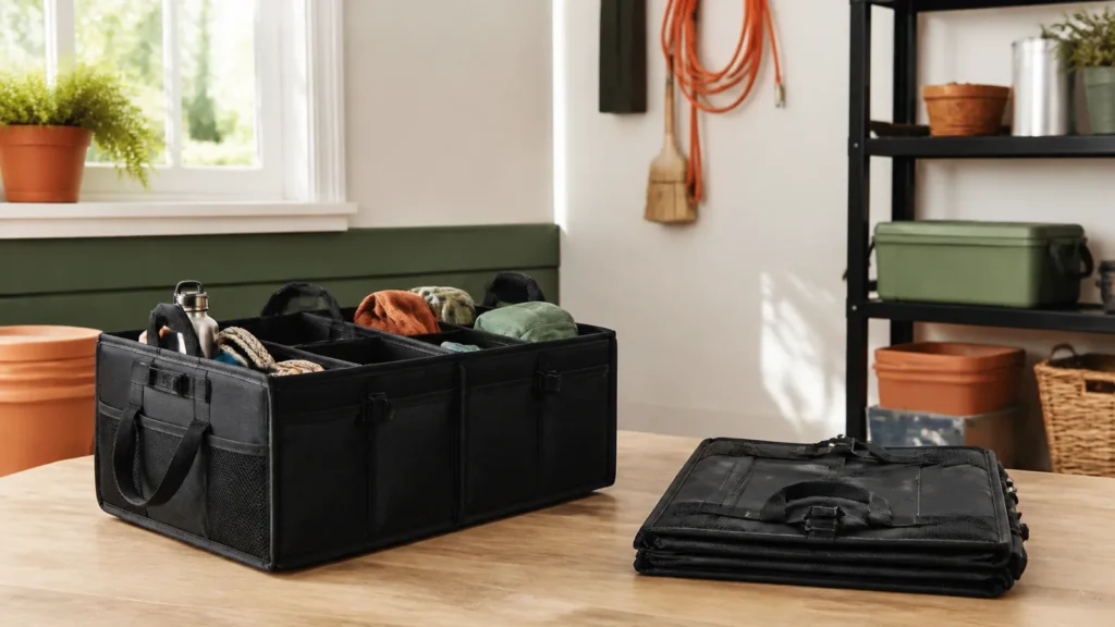 Editorial still life illustrating rigid vs collapsible trunk organizers: structure, space and use