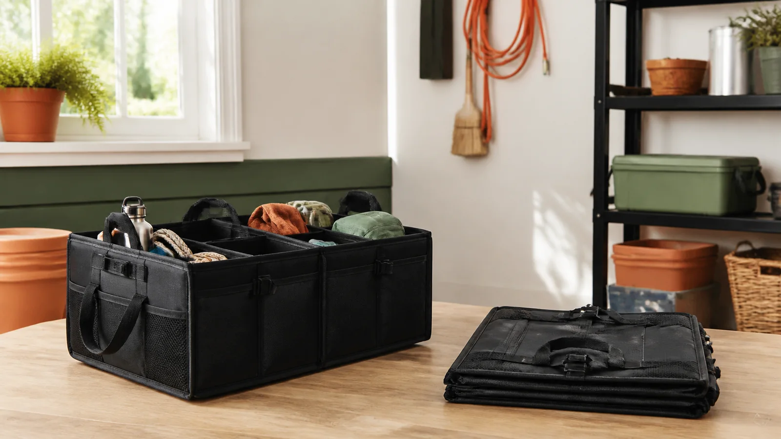 Editorial still life illustrating rigid vs collapsible trunk organizers: structure, space and use