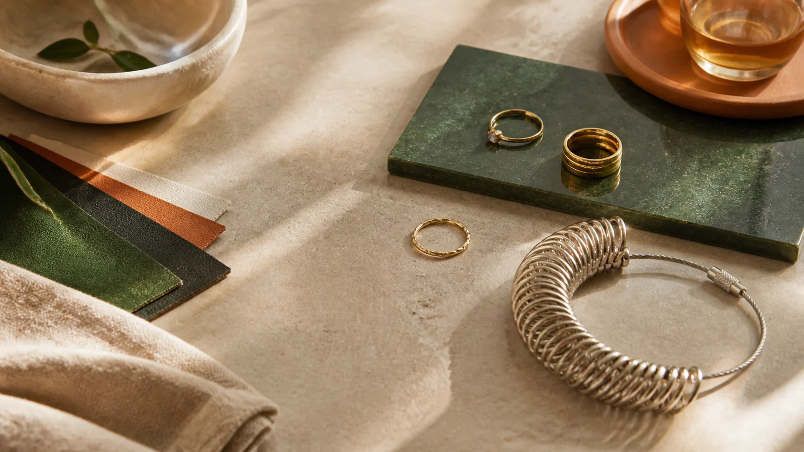 Editorial still life illustrating ring sizing online: what to measure before you order