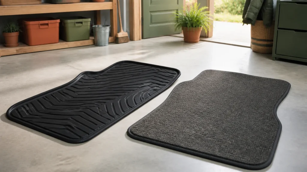 Editorial still life illustrating rubber vs carpet floor mats: weather, cleaning and cabin feel