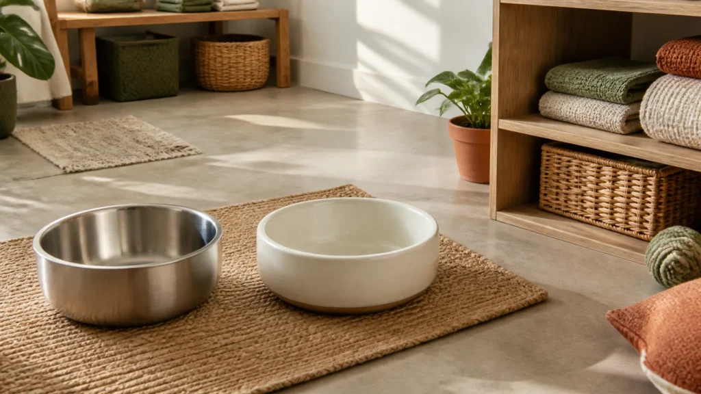 Editorial still life illustrating stainless steel vs ceramic pet bowls: weight, surface and care