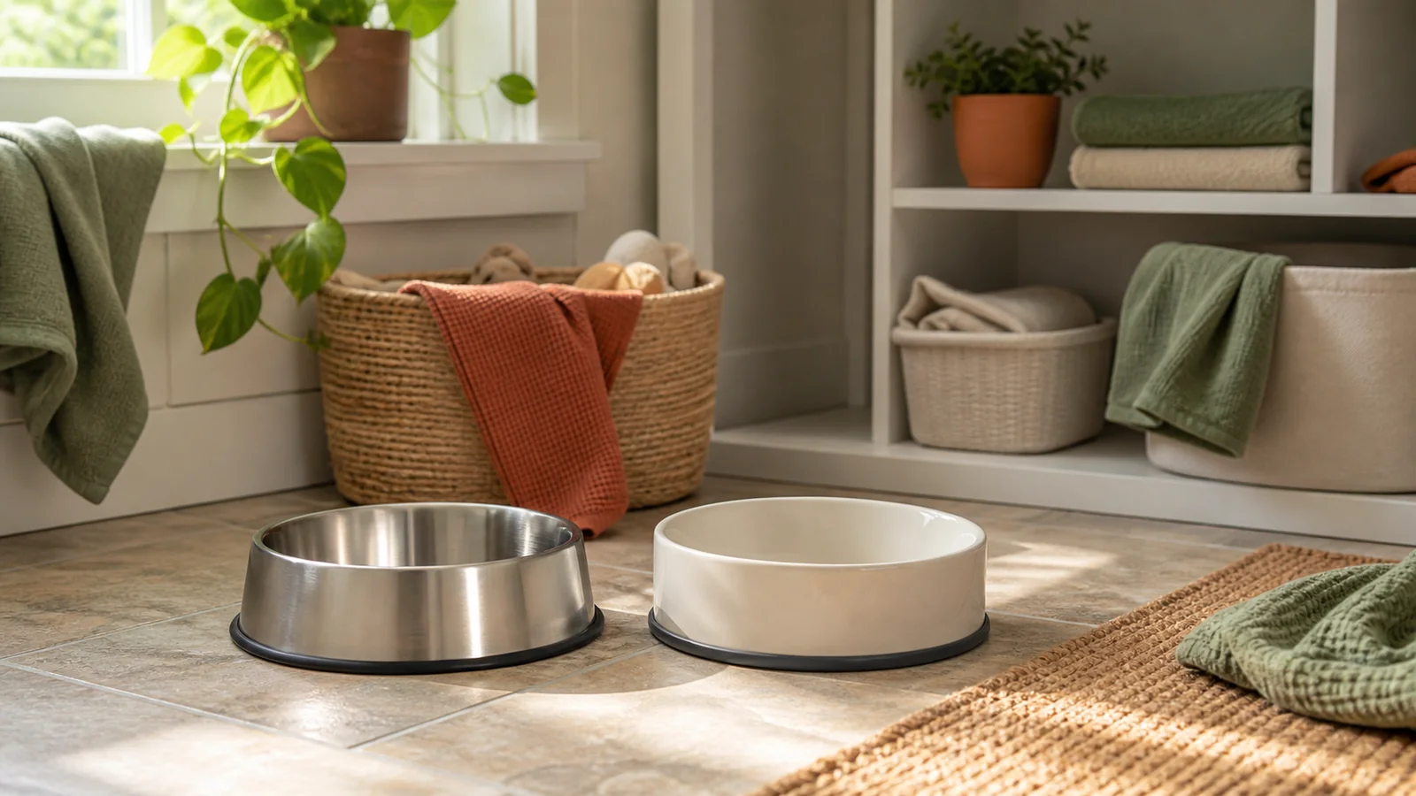 Selection details related to stainless steel vs ceramic pet bowls: weight, surface and care