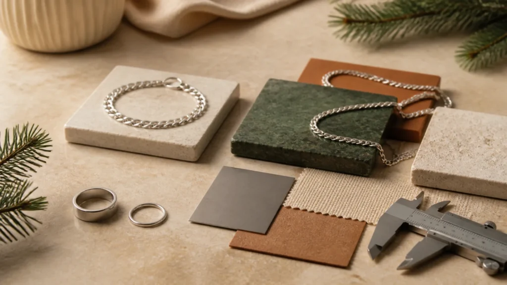 Editorial still life illustrating sterling silver vs stainless steel jewelry: a practical comparison