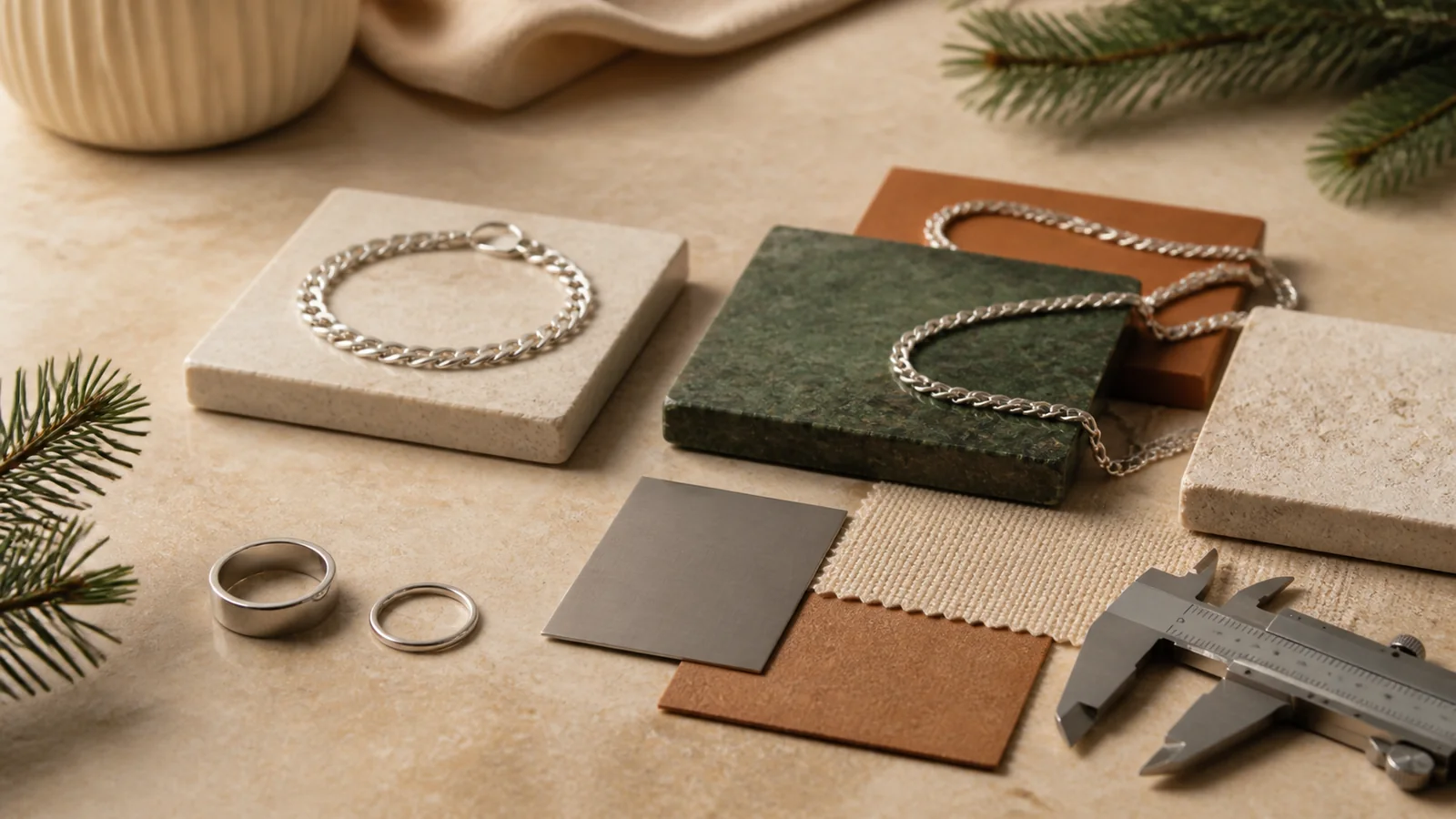 Editorial still life illustrating sterling silver vs stainless steel jewelry: a practical comparison