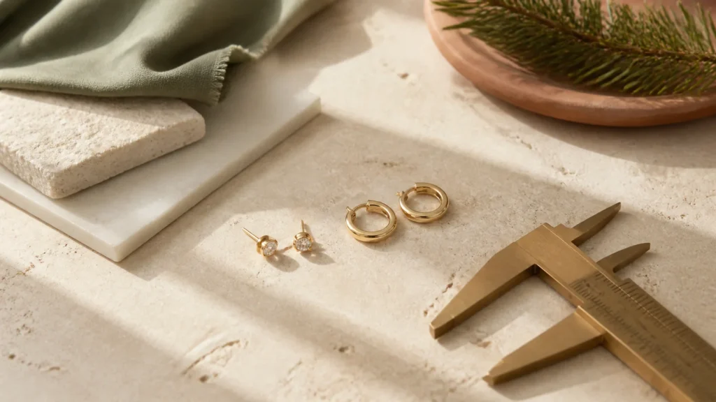 Editorial still life illustrating stud earrings vs small hoops: comfort, fit and daily wear