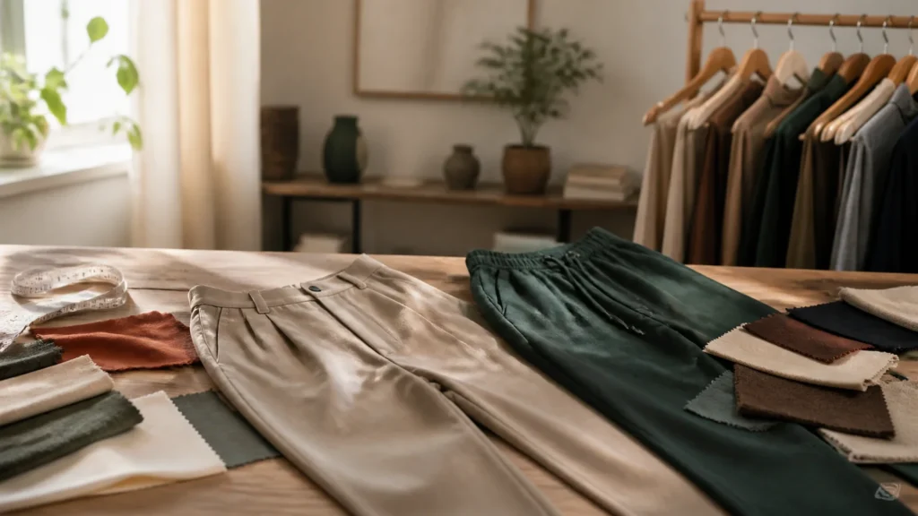 Editorial still life illustrating tailored vs relaxed trousers: fit, movement and styling range