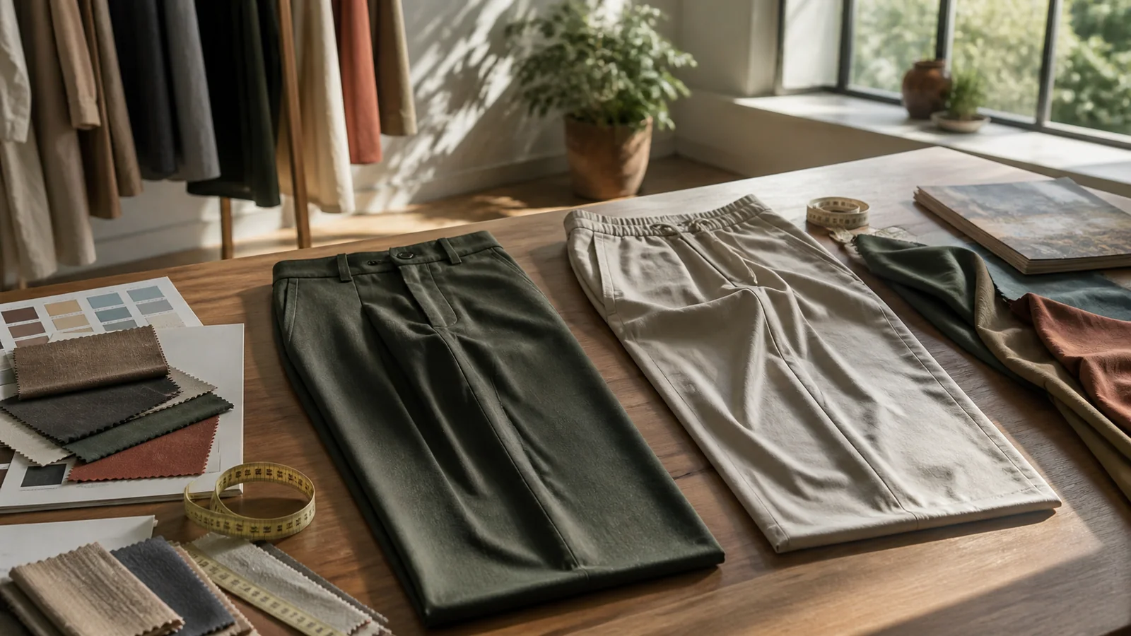 Selection details related to tailored vs relaxed trousers: fit, movement and styling range