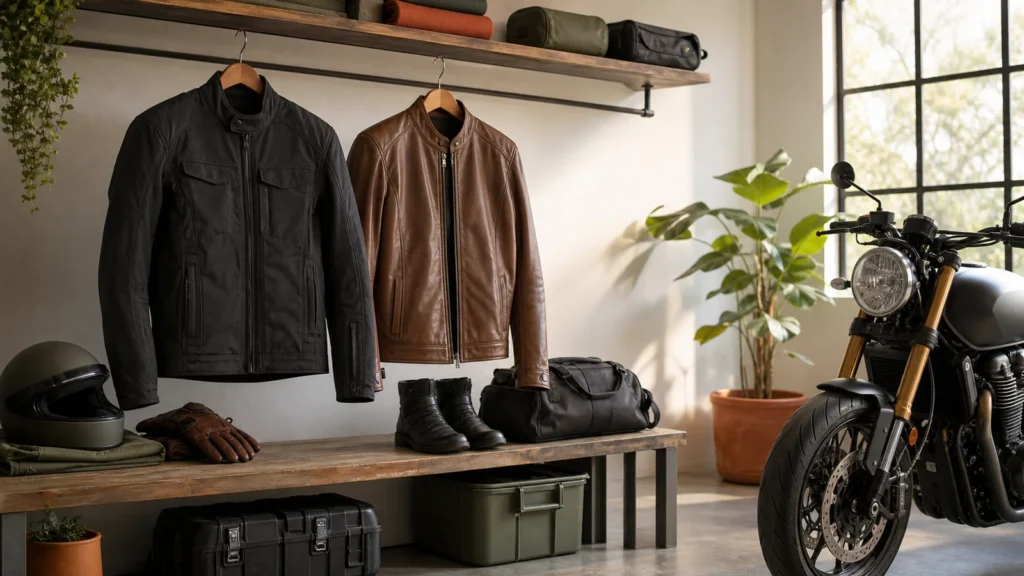 Editorial still life illustrating textile vs leather riding jackets: use, care and weather trade-offs