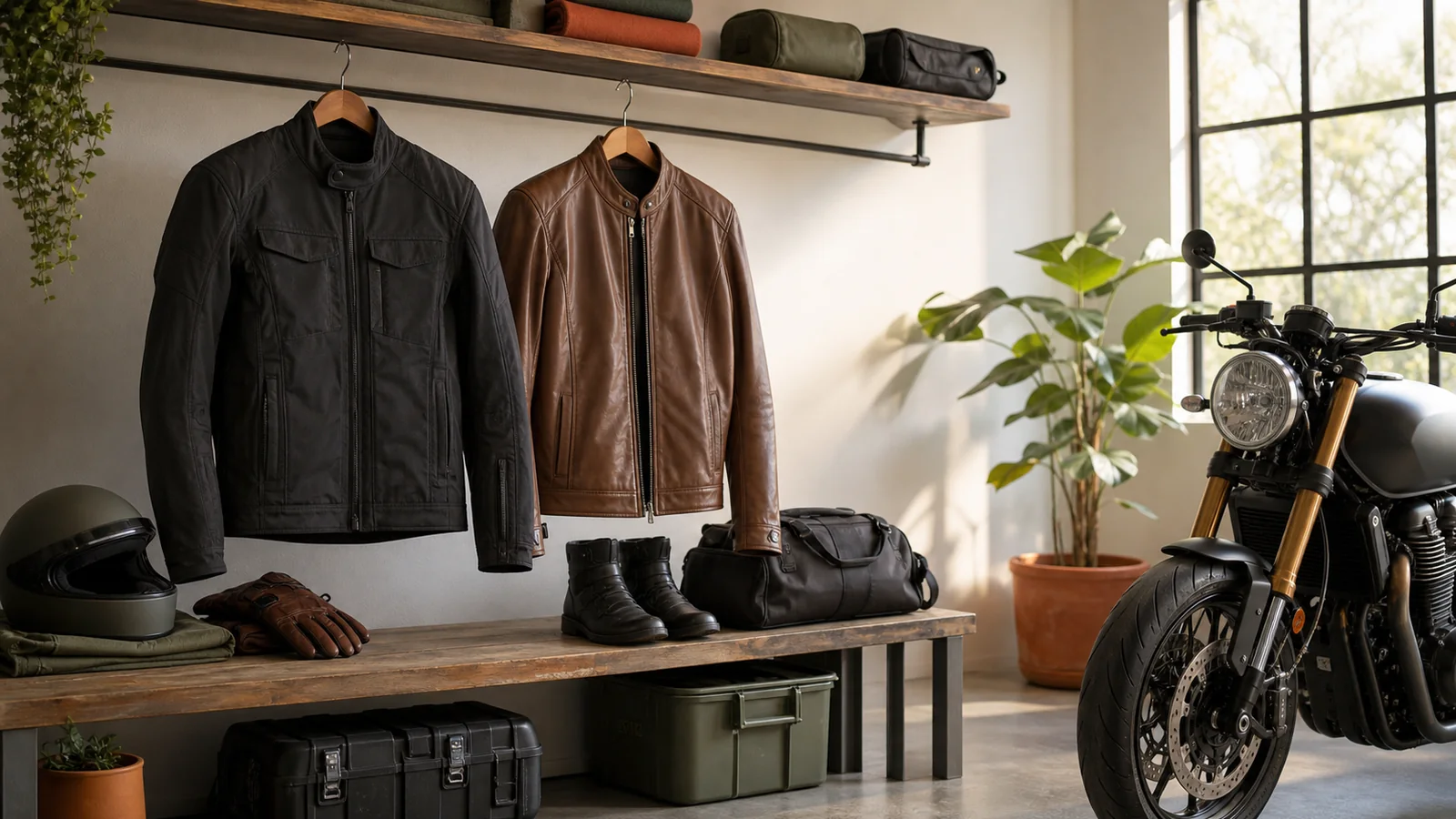 Editorial still life illustrating textile vs leather riding jackets: use, care and weather trade-offs